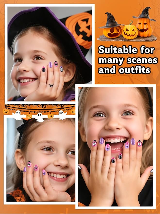 24Pcs Halloween Press on Nails, Fake Nails Full Cover Cute False Nails with Ghost Web Designs Pink Glossy Stick on Nails for Girls Kids with Nail Glue