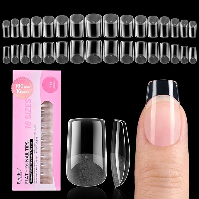 Beetles Gel Nail Tips Flat-X - Square Short, 160pcs 16 Sizes, Pre-Etched Half Matte Full Cover Soft Acrylic False Nail Tips Clear Press on Easy DIY Extension Salon for Flat & Natural Nail Beds