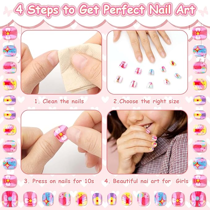 144 Pcs Small Holographic Press on Nails for Kids, Girls Fake Nails Mini False Nail Tips Pre Glue Full Cover Acrylic Nails for Girls Nail Art Decoration
