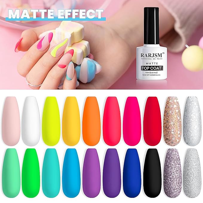 RARJSM 23 Pcs Gel Nail Polish Set, Pastel Nail Gel Kit Spring Summer Neon Green Yellow Black Glitter White Pink Blue Collection with Classic Colors LED UV Curing Gel Polish Nail Kit 5ml