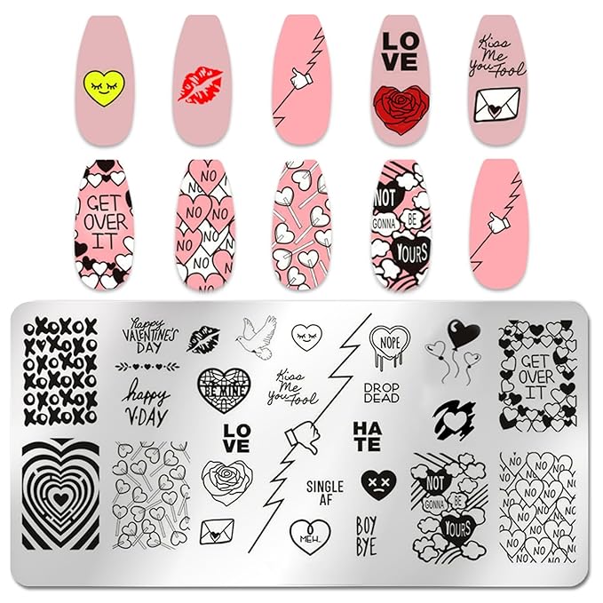 SILPECWEE 6 Pieces Valentine's Day Nail Stamp Nail Stamping Plate Holiday Heart Nails Design Nail Stencils Nail Art Template Nail Polish Stamp Tools Nail Art Accessories for Acrylic Nails
