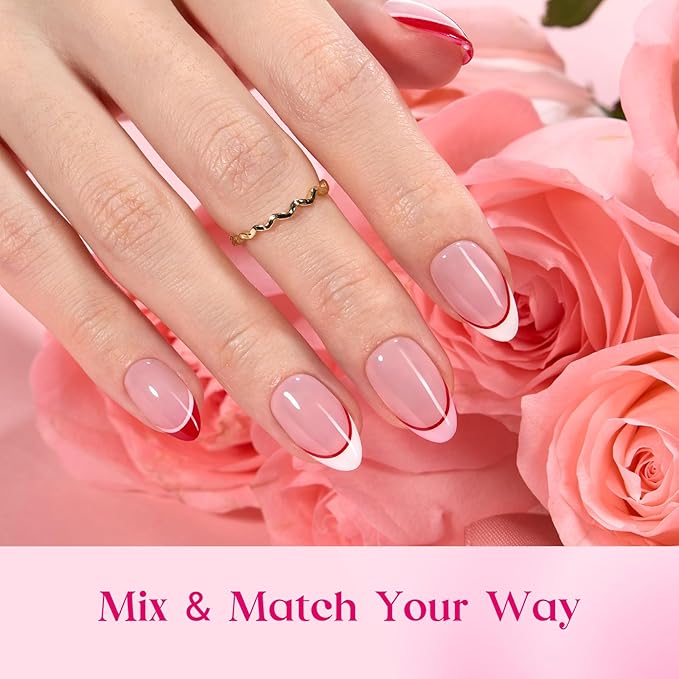 Beetles Press On Nails - Romantic Dream| 3 Colors Short Almond French Tip Press On Nails | 16 Sizes 192 Pcs Natural Salon Quality Spring Gift For Women