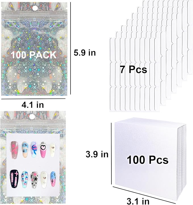 100 PCS Press On Nails Packaging Bag Holographic Nail Storage Bag and 100PCS Shiny White Pearl Card with 7 Sheets Pre-cut Nail Tape (Star)