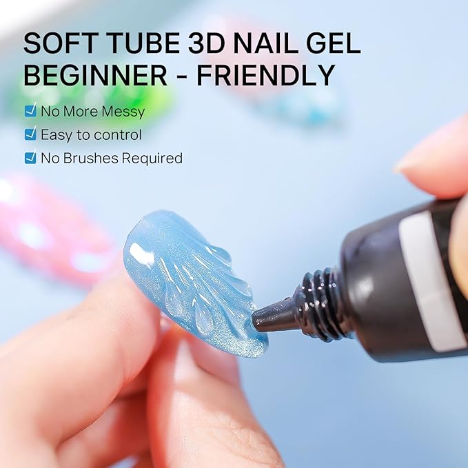 MIZHSE 3D Gel Nail Art, Sculpting Gel Glue 15g for Molding, Drawing, Charms & Gems, Chrome Powder, Rhinestone Design, Clear No Wipe Nail Polish for DIY Winter Christmas Nail Art, Lamp Curing Needed
