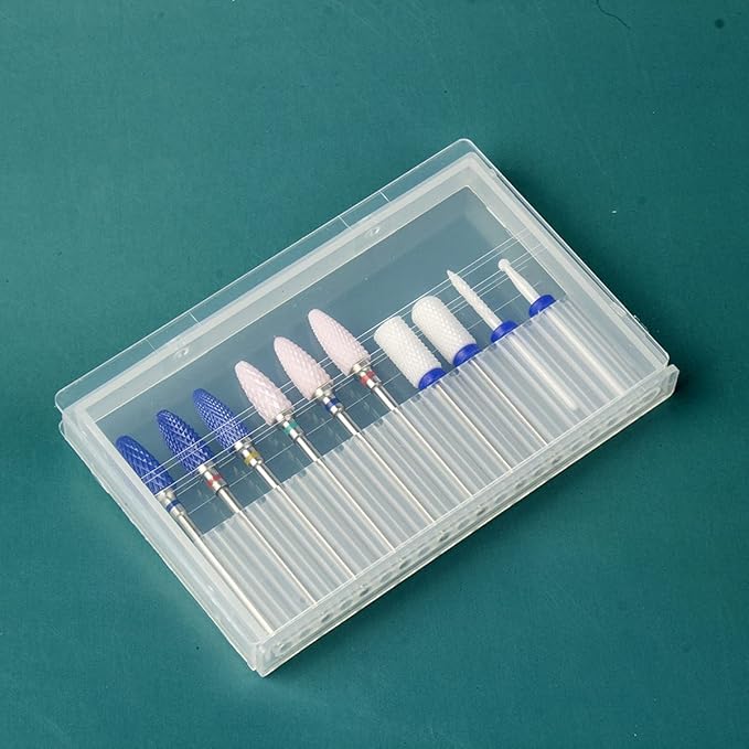 Feecy Nail Drill Bits Set Ceramic for Acrylic Nails Gel Polish Professional, 3/32 Inch Efile Nail Drill Bits Kit for Cuticle Safety Barrel Nail Art Tools with Holder, 10pcs (S10-B)