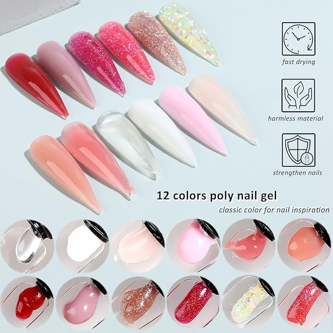 Poly Gel Nail Kit with UV Light, 12 Colors Builder Gel Nail Extension Kits for Beginners with Everything, Dual Nail Forms Slip Solution Chunky Glitter Poly Gels Nails Art Design Starter Set