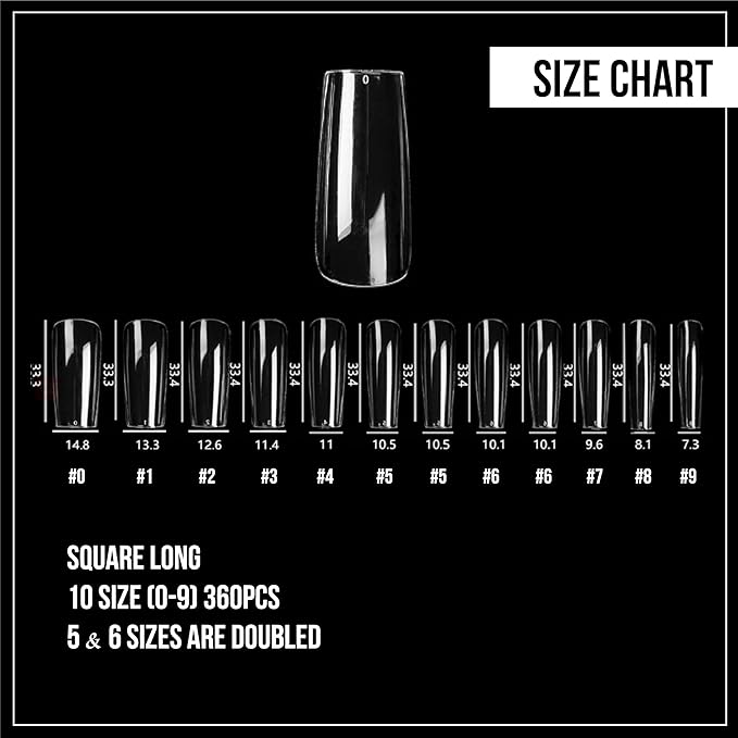 Nail Gel-X Natural Coffin XXL Tips Set - NeVi USA Premium Quality, 360 Tips in 10 Sizes - Complete DIY Nail Extension Kit | No Size 00 Included, #5&6 Are Double Quantity