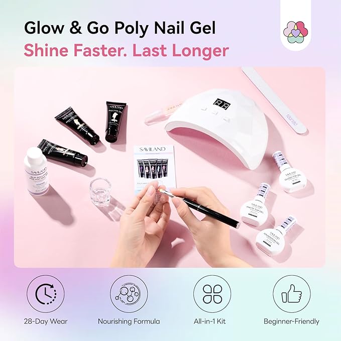 SAVILAND Long Lasting Poly Gel Nail Kit Starter: 15 Colors Extend Gel White Glitter Brown Cat Eye Effect with Nail Kit U V Light Slip Solution for Nourish Plant-Based Ingredients Nails Home Salon DIY