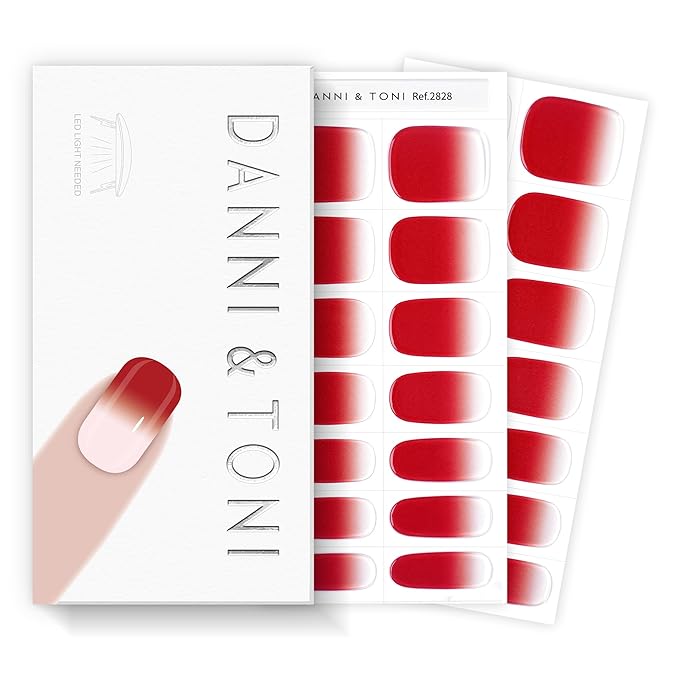 DANNI & TONI Semi Cured Gel Nail Strips Red Ombre Winter Gel Nail Wraps 28 Stickers | Glass Rouge