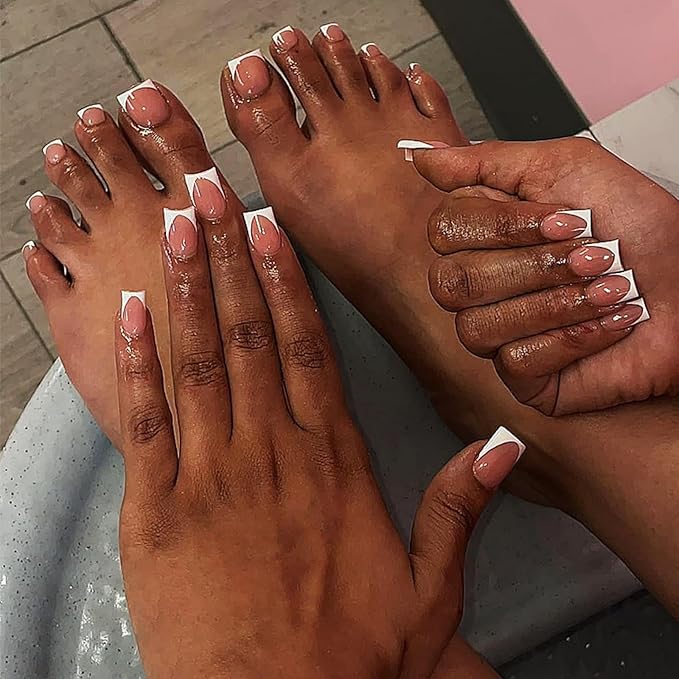 48Pcs Short Square Press on Toenails White French Tips Press on Nails Glossy Skintones Fake Nails with Designs Summer False Nails Reusable Full Cover Glue on Toenails Kit for Women Girls Manicure