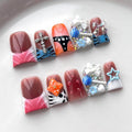 French Tip Press on Nails Handmade Short Duck 3D Flower Thick Acrylic Nails Cool False Nails with Flower Bow Rhinestones Lollipop Designs Cute Glossy Fake Nail Sturdy Art Press on Nail 10Pcs(S)