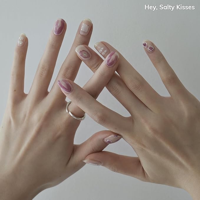 Heyhae Semi Cured Gel Nail Strips | No LED Lamp Needed | Glitter, Pink, Spring | Easy Apply & Remove, Salon Quality | Includes 28 Strips, 1 Prep Pads, Nail File & Wooden Stick - Hey, Salty Kisses