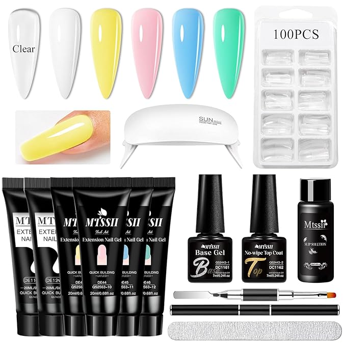 MTSSII 13Pcs Poly Gel Nail Kit Light Yellow Green Sky Blue Pink Gel Extension Nail Starter Kit with Slip Solution, Mini Nail Lamp, Nail File, Dual-Ended Brush for Women Girls at Home DIY 6 Colors