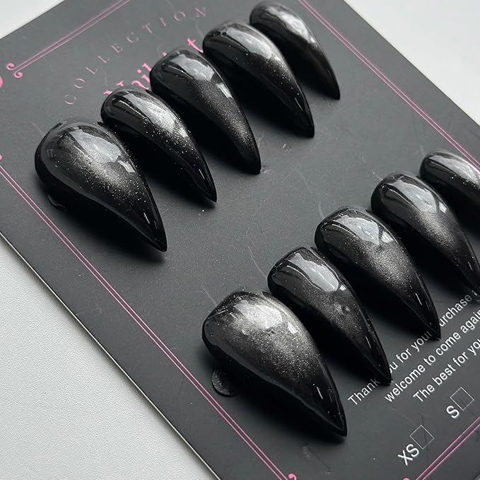 Luxury Press on Nails Medium Stiletto Handmade Eagle Claw Unique Reusable ABS Material Black Fake Nails Dragon Cat Claw False Nails with Glitter Designs Glossy Glue on Nail Thick Acrylic Nail(M)