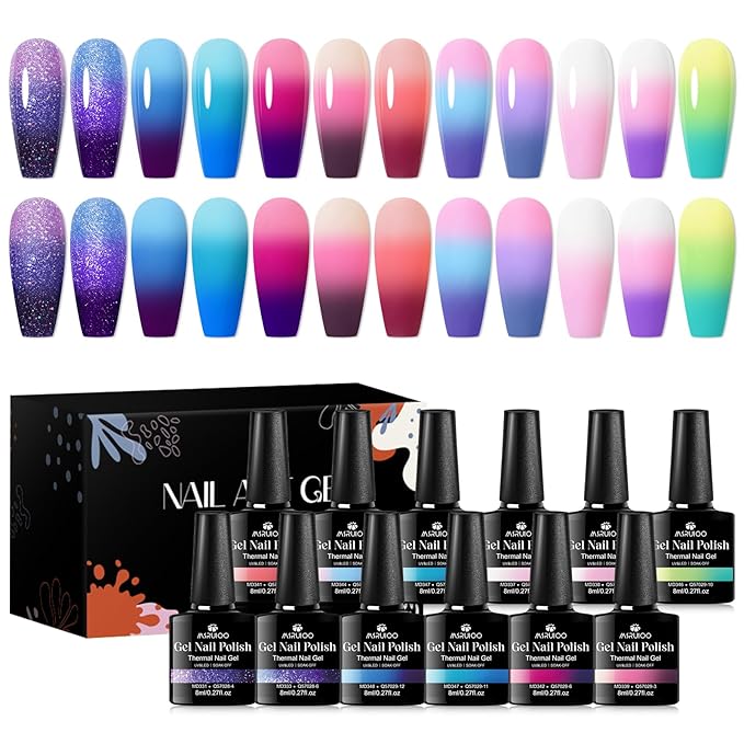 12 Colors Color Changing Gel Nail Polish Set Glitter Blue Purple Temperature Mood Changed Gel Polish Kit Pink Lemon Green Manicure Gifts for Women Girls