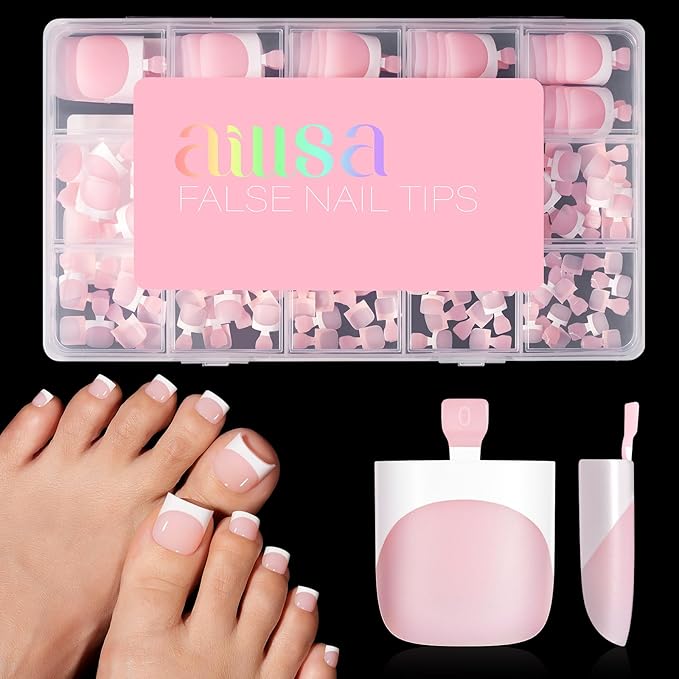 AILLSA Toe Nail Press Ons, French Tips Toe Press On Nails, 15 Sizes Short Square Full Cover Fake Toenails 150PCS, Baby Pink Acrylic Wearable Full Cover DIY Nail Art for Women