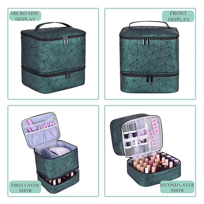 PU Leather Nail Polish Organizer, Double Layer Nail Polish Storage Holds 30 Bottles (15ml/0.5fl.oz) & Nail Lamp, Portable Nail Bag Organizer Case for Nail Tech Travel & Manicure Kit