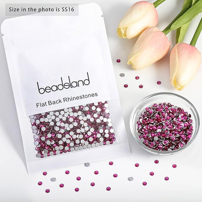 Beadsland 2880pcs Flat Back Crystal Rhinestones Round Gems for Nail Art and Craft Glue Fix,Fuchsia,SS16,3.8-4.0mm