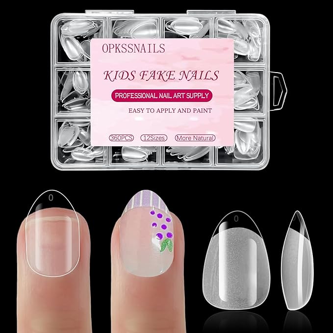 Medium Almond Kid Nail Tips,360Pcs Soft Gel Nail Tips Pre-Shaped Press On Nails For Kids, Clear Acrylic Half Matte Full Cover Fake Nail For Kids DIY Extension & Salon Use12 Sizes
