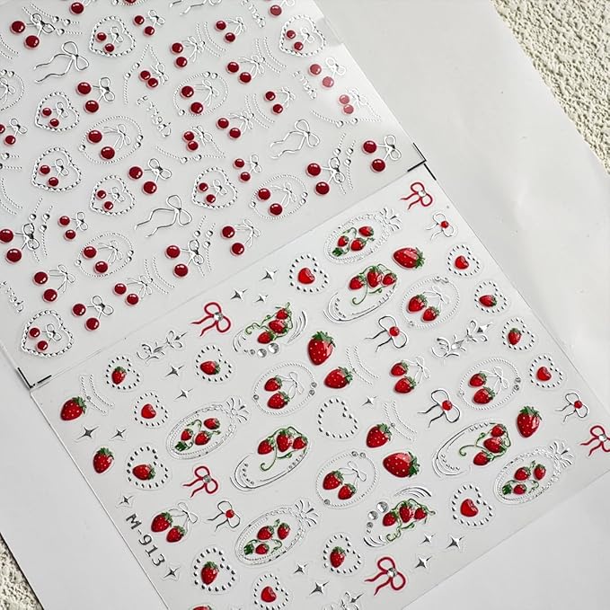 Cherry Nail Sticker Strawberry Nail Decals Silver Nails Art Stickers with Jerry Design 5D Embossed Fruit Nail Art Decal for Women Girls Kid Spring Summer Manicure Supply Decoration Accessories