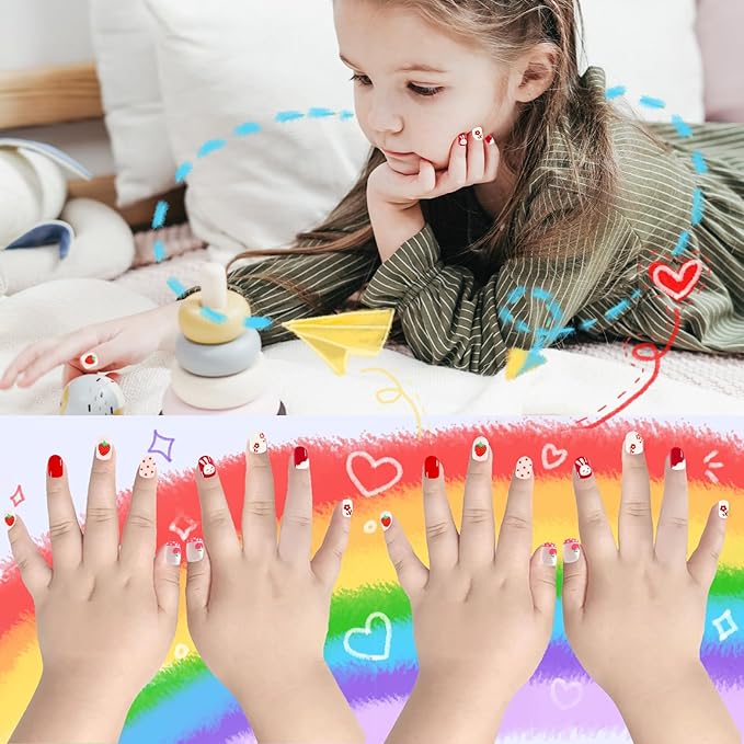 Laza 72pcs Children Nails Press On Pre-glue Full Cover Pink Heart Flower Cute Short False Nail Kits for Kids Teenager Girls - Strawberry Rabbit