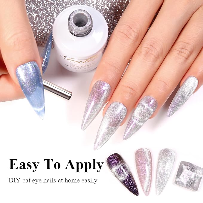 Imtiti Cat Eye Gel Nail Polish, 15ML Silver Holographic Glitter Cat Eye Gel Polish with Magnet UV LED Magnetic Crystal Galaxy Sparkly Home DIY Manicure