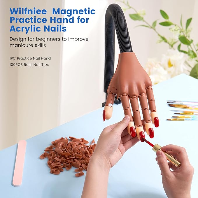 Practice Hand for Acrylic Nails: Magnetic Nail Practice Hand Flexible Fake Hand For Nail Practice Movable Manicure Hand Practice with 100PCS Nail Tips