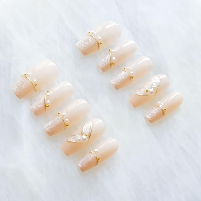 [GLORS] Luxury Pearl Press-on Nails, Long Ballerina Shape, Gold Accented Artificial Nails Set, Handmade False Nail 10 Pieces (Large, LS)