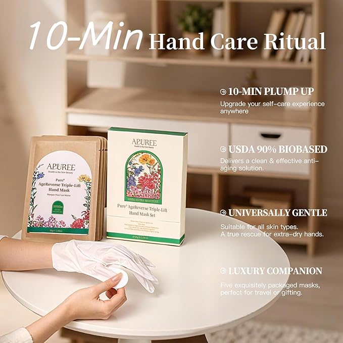 APUREE Anti Aging Hand Mask Gloves: 10-Minute Repair& Extra Moisture (5 * 30g)| for Severely Dry & Cracked Hands | Luxury Home SPA & 7 Peptides Collagen| All Skin Types| Vegan & Cruelty Free