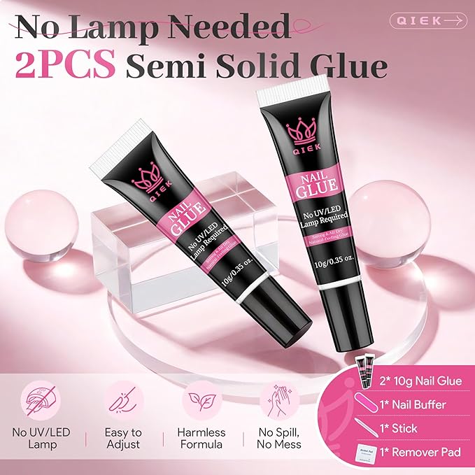 Strong Nail Glue for Press Ons 2Pcs*10g/0.35oz. Semi Solid Gel Adhesive No UV Lamp Needed 10s Quick Dry Acrylic Glue for Fake Nails Extensions Long Lasting Waterproof Bond for Manicure Home DIY