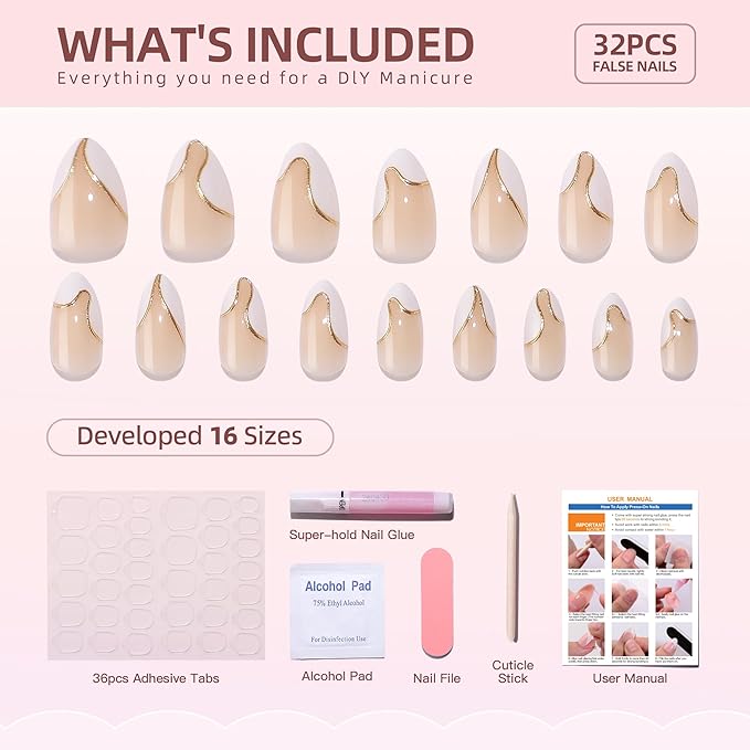 Almond Press On Nails - White French Tip Press On Nails Short with Gold Foil Designs, Glue On Nails 16 Sizes - 32Pcs Reusable Soft Gel False Nails Tips Kit, Stick On Nails for Women