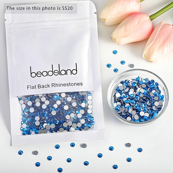 Beadsland 2880pcs Flat Back Crystal Rhinestones Round Gems for Nail Art and Craft Glue Fix, Capri Blue, SS20,4.6-4.8mm