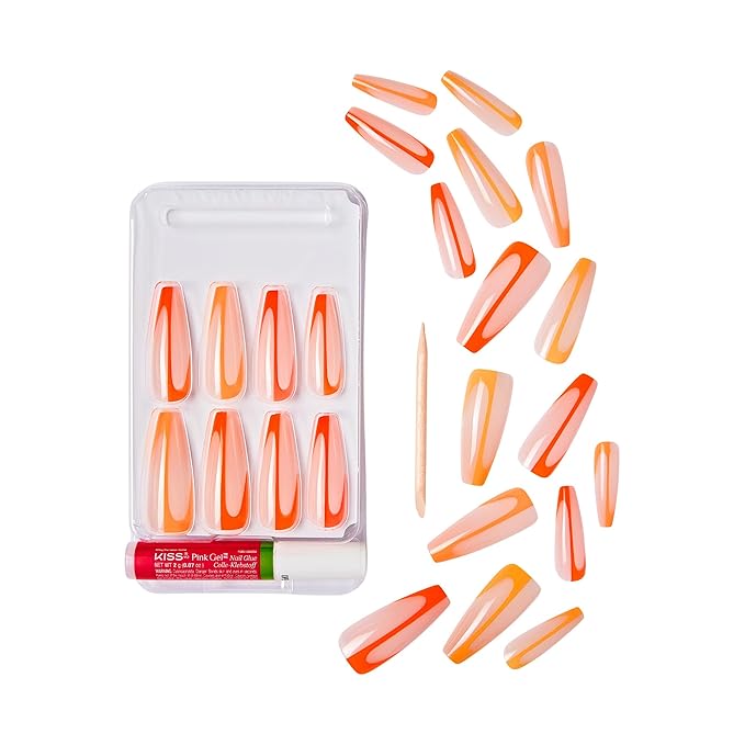 Goldfinger Trendy False Nails Kit, X-Long Coffin Design Nail, Minimal Tropical Orange & Yellow Print, Ready to Wear Gel & Manicure Stick Included, Long-Lasting Convenient & Easy to Apply