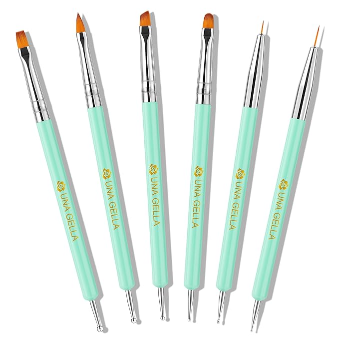 UNA GELLA Nail Art Pens 6PCS Green Color Acrylic Nail Art Design Brush Set with Gel Polish Liner Brushes Christmas Double-headed Nail Dotting Tools for DIY Home Salon Manicure Design Supplies