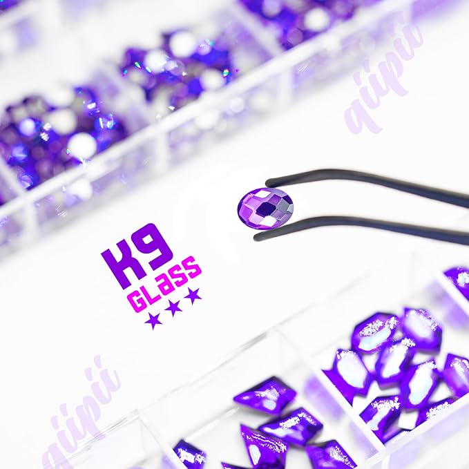 2052Pcs Purple Violet Nail Rhinestones Glass Dark Purple Rhinestones for Nails 72 Multi Shapes Big Gems +1980 Flatback Round Beads Crystals Diamonds Jewels Nail Art Charms for Faces Eyes Makeup