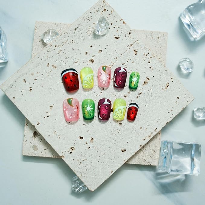 Glitter Press on Nails Short Coffin Summer Fruit Nails Cateyes with 3D Water Drop, Hand-painted Watermelon & Lemon Art, Reusable Acrylic Full Cover Fake Nails, 10pcs (Fruit Party,L)