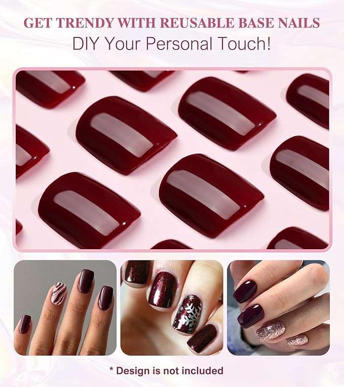 Press on Nails Short - Aegenacess Square Press On Nails, Jelly Wine Red Stick On Nails, Burgundy Glue On Nails with Jelly Stickers, Solid Color Fake Nails in 12 Size - 24PCS False Nail Kit