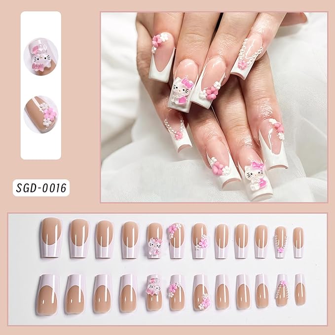24Pcs Cartoon Press on Nails, Cute Fake Nails Medium Length with Pearl and Flower Designs Cute Cat Full Cover Coffin False Nail Stick on Nails White French Tip Press on Fingernails for Women