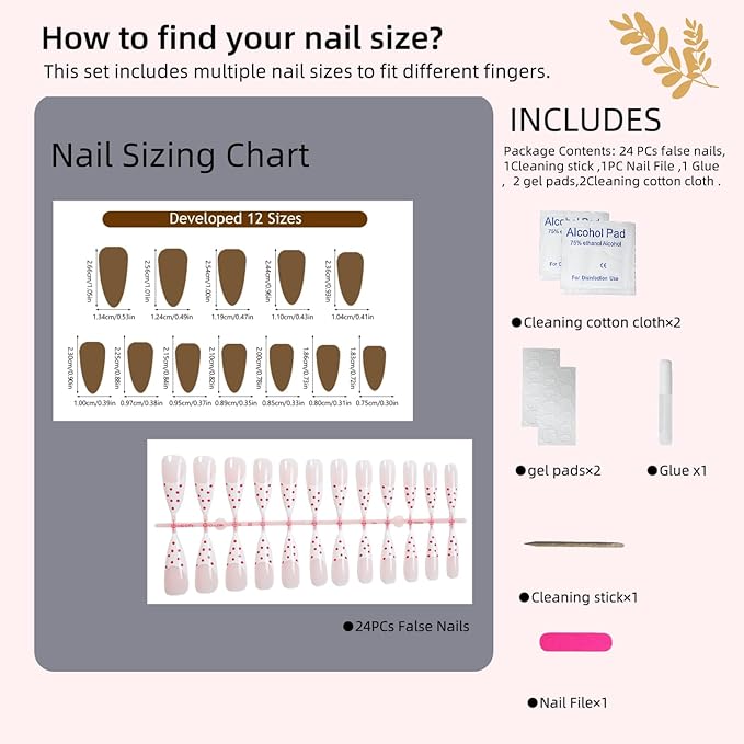 Press On Nails Sharp Coffin - Red Polka Dot Pop Art Fake Nails, Glossy Pink French Tip Artificial Nails for Women, Reusable Adhesive Nail Kit (24 Pcs)