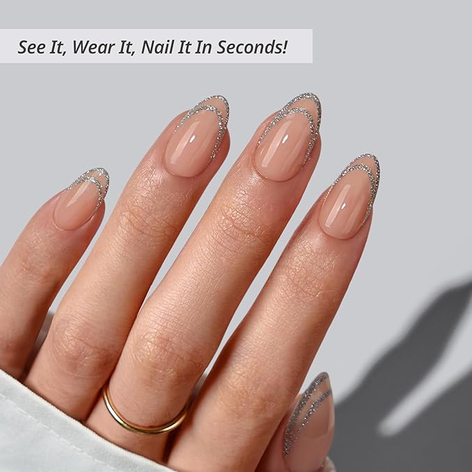 BTArtbox French Tip Press On Nails - Sliver Bells, Lamp-Curable Short Almond Press On Nails with Glue and Adhesive Tabs for Women in 16 Sizes - 32 Soft Gel Glue On Nails Kit