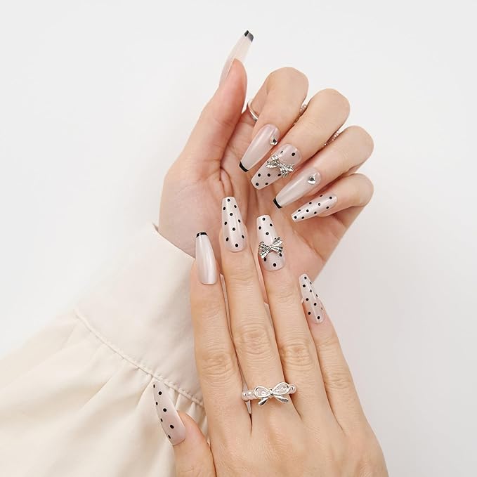 French Polka Dot Press On Nails - Handmade 3D Bow With Rhinestones Black French Tip Nails, Medium Ballerina, For Women And Teens, Ideal For Parties, Birthdays, And Casual Wear, 12 Sizes 24 Nail Kit