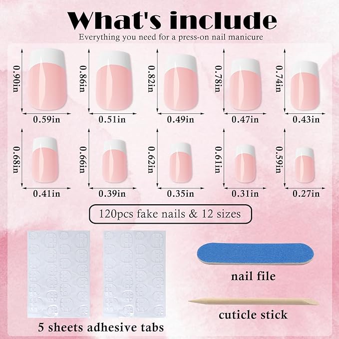 AddFavor French Tip Press on Nails Short Fake Nails, 120pcs White French Tip Nails Press on Nail Square Nude False Acrylic Nails French Nail Tips with Adhesive Tab for Women Girls