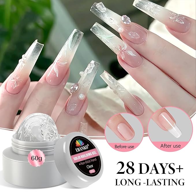 EBANKU Solid Builder Gel for Nails, 60g Clear Sculpting Gel for Valentines Nail Art Non-Sticky Molding Hard Gels with 96Pcs Nail Forms Soak Off U V LED Manicure Salon DIY Gift