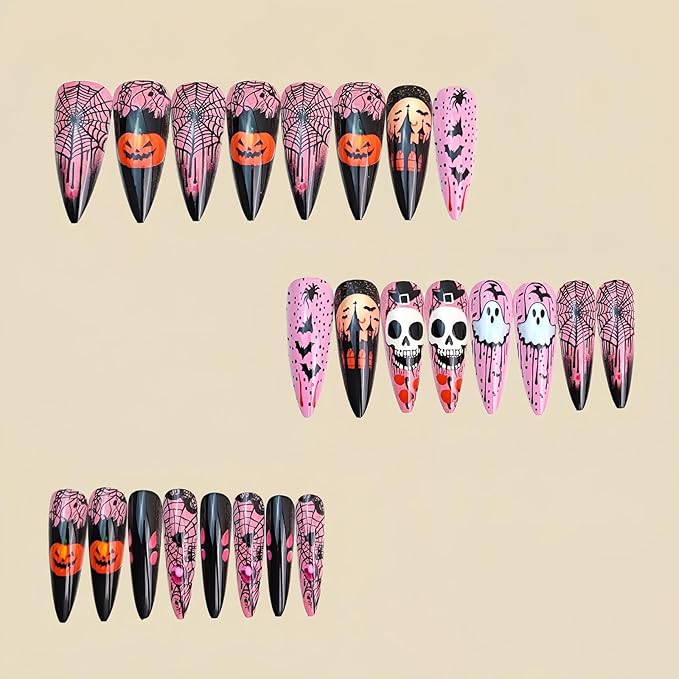 Stiletto Press on Nails Long,Halloween Fake Nails with Ghost & Skull Designs,Halloween Spider Web Pumpkin Bat Stick on Nails Pink Acrylic Nail for Women Girls Halloween Nail Art Decor 24Pcs