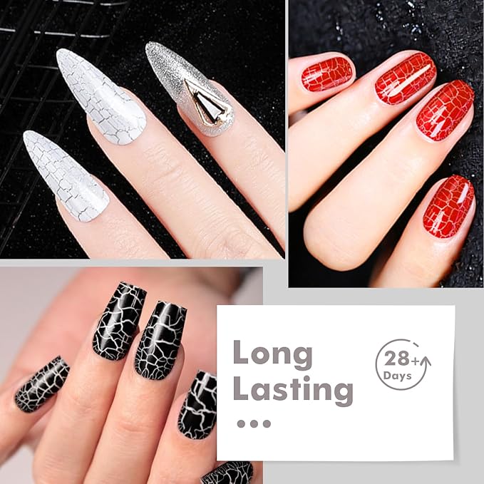 MTSSII Super Easy Crackle Gel Nail Polish 12pc Set - 7 Colors + White, Silver, Black - Base & Top Gel, Quick Dry Nail Art Kit - Fall Gift for Women