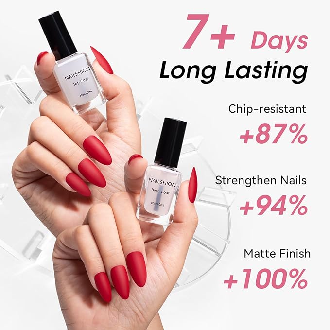 Matte Top Coat and Base Coat, 2PCS Vegan Base Clear Nail Polish & Top Coat Matte Finish Chip Resistant Protect Nails, Enrich Castor Oil, Quick Dry, Non Gel, Salon-Quality Nail Art Gift