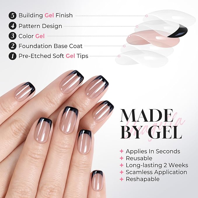 UNA GELLA 32Pcs Soft Gel Press on Nails - 16 Sizes Black Chrome Mirror French Tip Short Square Glue on Nails, Reusable Metallic Black False Nails, Acrylic Nail Kit for Women DIY Home Manicure