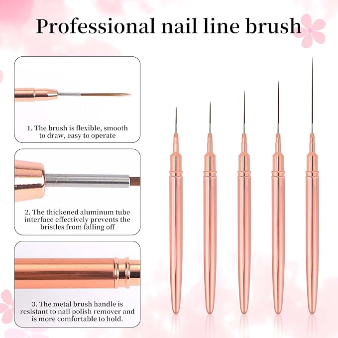 5pcs Nail Art Liner Brushes, Fine Nail Art Pens Thin Detail Fingernails Drawing Tool Long Line Painting Striping Brushes for Gel Polish Nails Design, Size 7/9/11/15/25mm