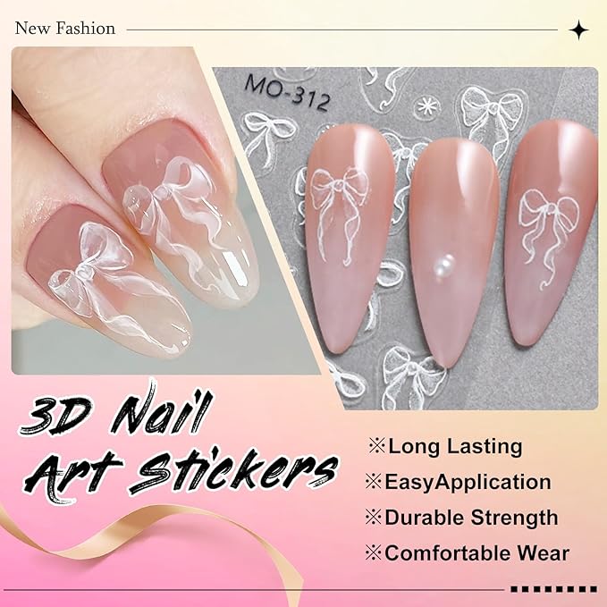 3 Sheets Bow Nail Sticker 3D Embossed Self-Adhesive Color Bow Art Nails Decals 5D Design Stickers Supplies for Women Girls Manicure Decoration 807-10