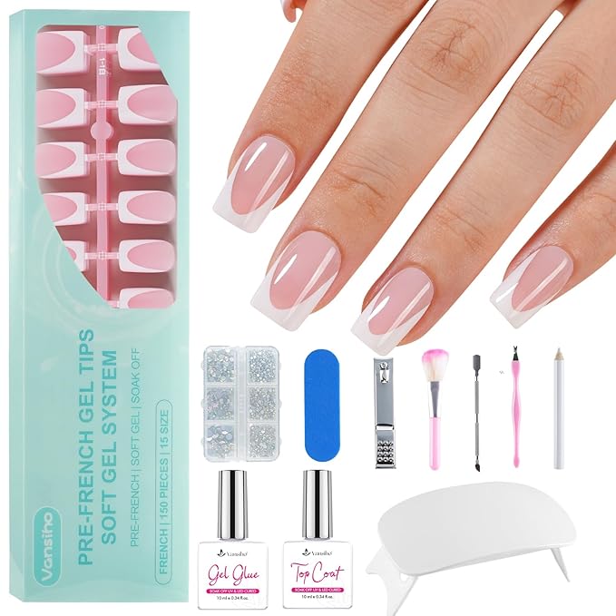 Vansiho Pink Deep French Gel Nails Kit - Short Square French Tip Press on Nails, Nail Gel, Top Coat and Nail Lamp for Gift and Nail Art DIY